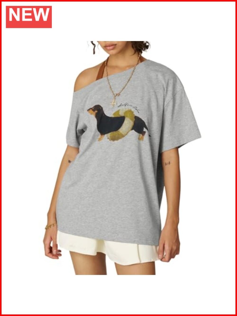 Oversized Off Shoulder Graphic Tee - Dachshund Y2K Summer Cotton Top